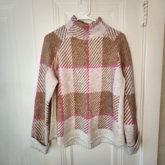 EUC OPHELIA ROE BUFFALO PLAID SWEATER PINK & TAN SZ L - Picture 1 of 9